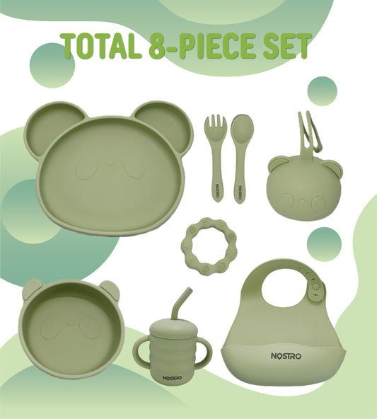 Baby-Led Weaning Supplies – 8-Piece Silicone Baby Feeding Set with Pacifier Holder and Teether – Perfect Gift for Babies – Easy to Clean and Highly Durable.